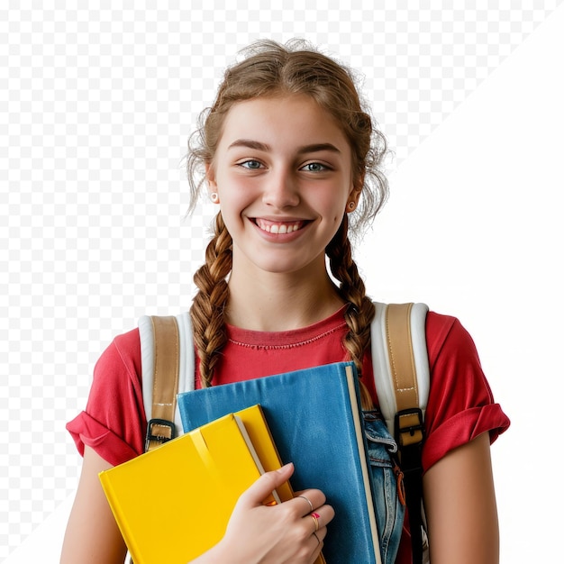 PSD portrait d'un jeune étudiant universitaire souriant avec des livres et un sac à dos sur un fond blanc isolé