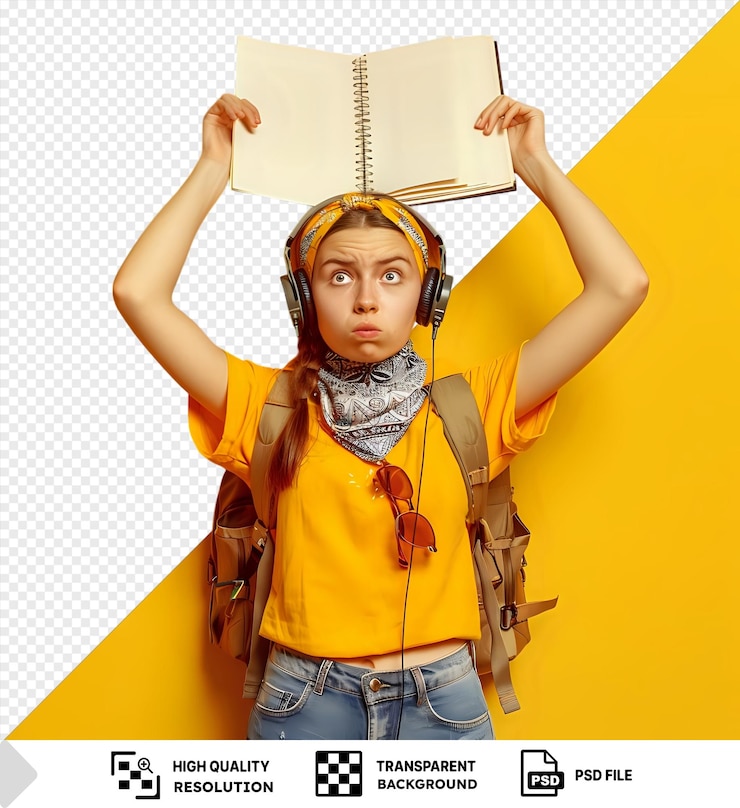 PSD portrait d'une jeune étudiante silly portant des écouteurs et un bandana au cou et un sac à dos tenant un livre de notes ouvert au-dessus de la tête en regardant la caméra en traversant les yeux tout en portant une chemise jaune un jean bleu et un gris