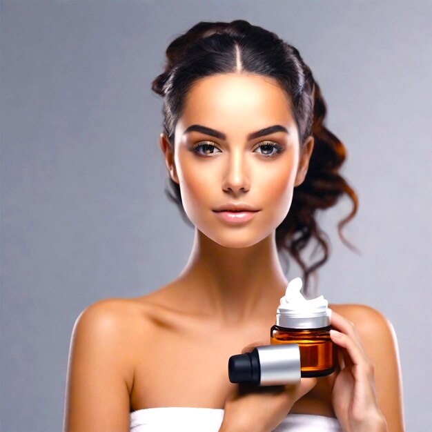 Portrait d'une jeune femme belle avec un produit de beauté