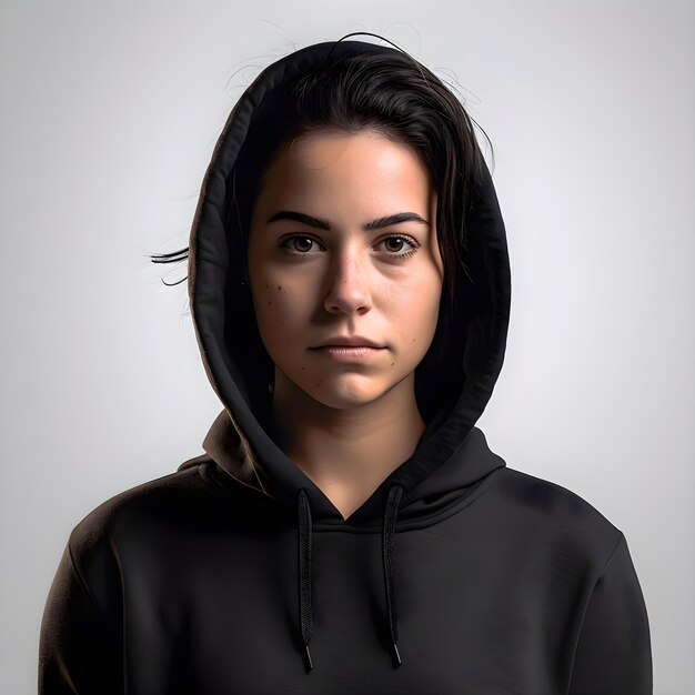 PSD portrait d'une jeune femme dans un sweat-shirt à capuche noire
