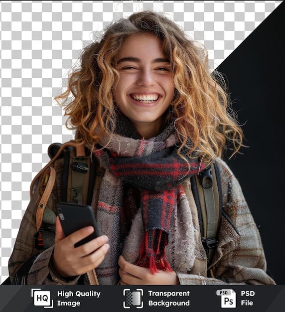 PSD portrait de jeune femme heureuse riant avec un sac à dos et un téléphone portable portant un foulard rouge et une sangle grise avec de longs cheveux blonds et un visage souriant tenant un