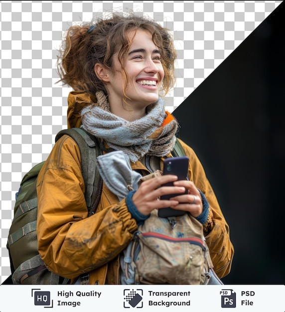 PSD portrait d'une jeune femme heureuse riant avec un sac à dos et un téléphone portable