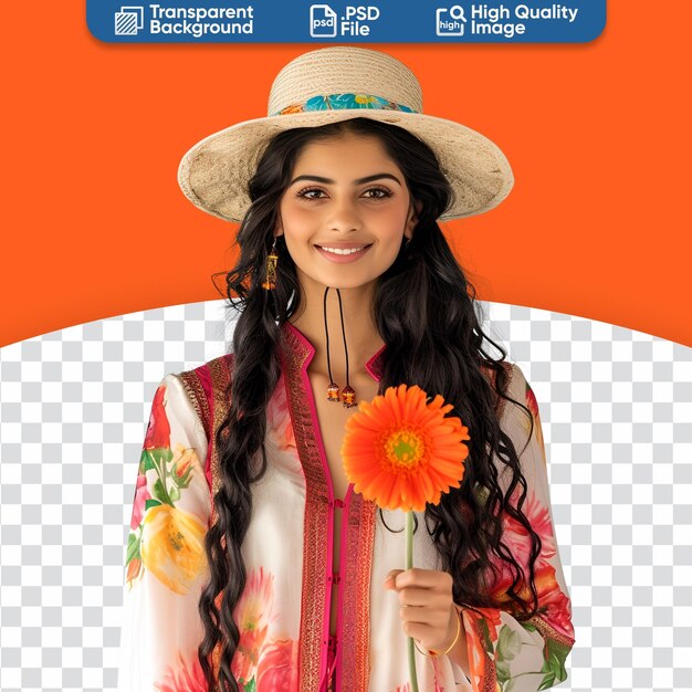 PSD portrait d'une jeune femme latine indienne souriante prête pour le printemps avec un chapeau et une robe tenant une fleur