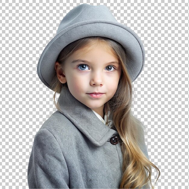 PSD portrait d'une jeune fille douce en manteau gris et chapeau à fond transparent