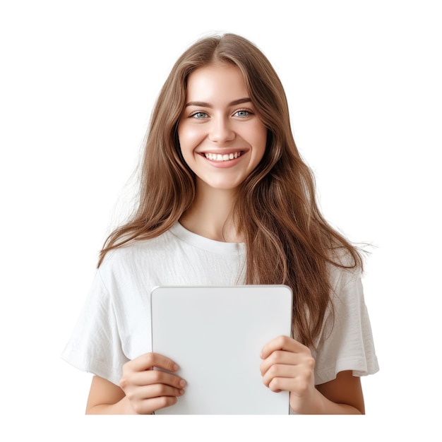 Portrait d'une jeune fille joyeuse et charmante tenant une tablette un sourire denté un espace vide