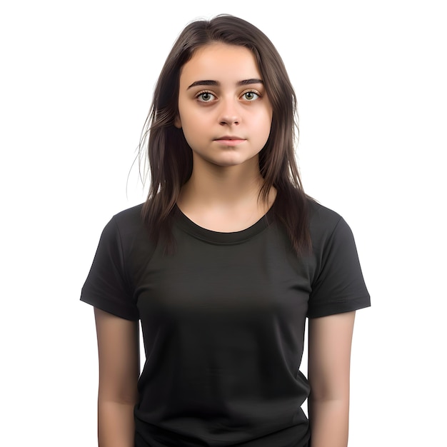 Portrait D'une Jeune Fille En T-shirt Noir Sur Un Fond Blanc