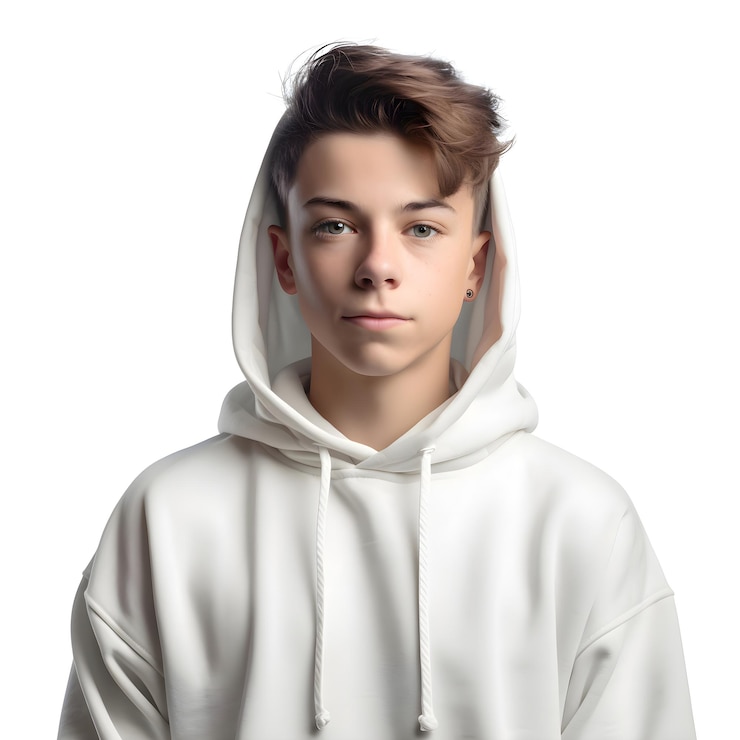 PSD portrait d'un jeune homme avec une capuche blanche isolé sur fond blanc