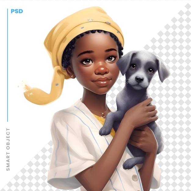 PSD portrait d'une jolie fille afro-américaine avec un chien sur fond blanc