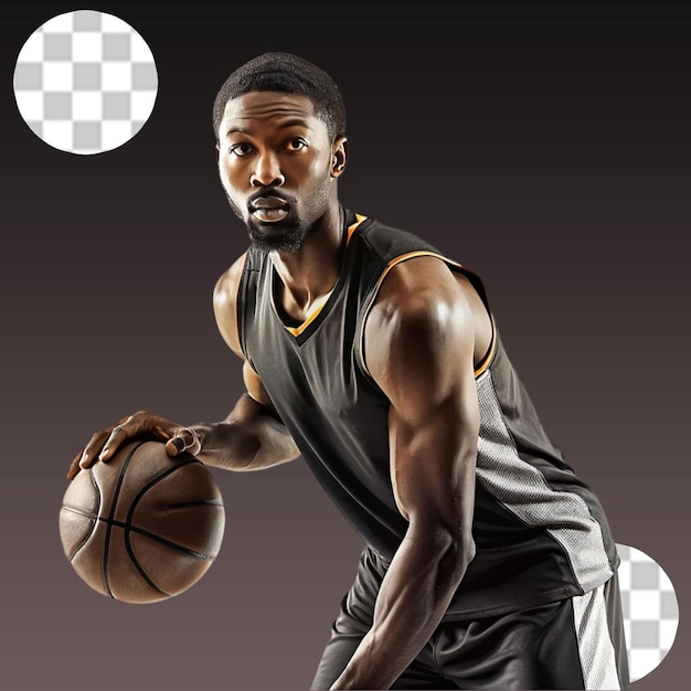 PSD portrait d'un joueur de basket-ball professionnel noir avec un ballon dans les mains sur un fond transparent