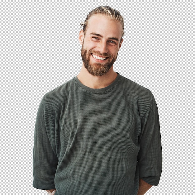 Portrait d'un joyeux bel homme barbu avec une coiffure à la mode souriant