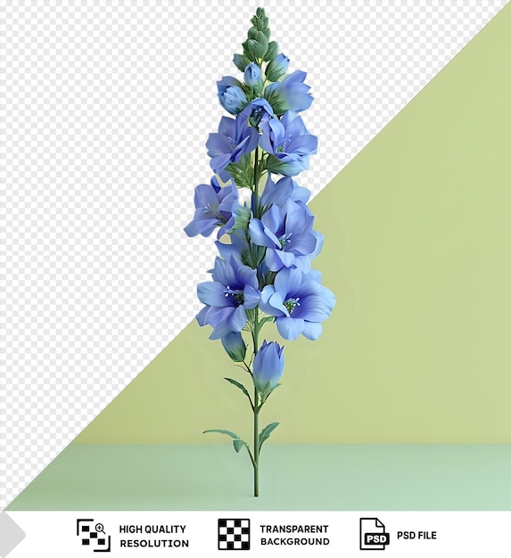 Portrait larkspur blume in blauen und lila farbtönen steht hoch auf einem blauen tisch gegen eine gelbe wand mit einem grünen stamm, der im vordergrund sichtbar ist png psd