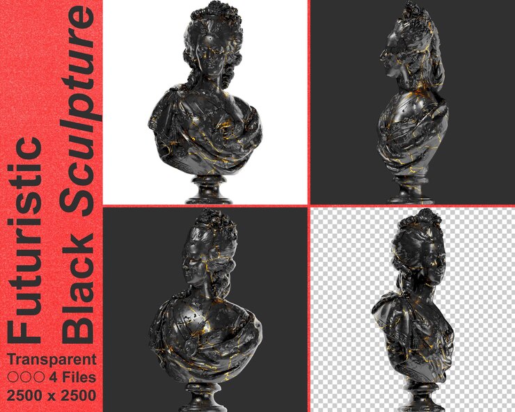 PSD portrait de marie-antoinette renaissance statue de buste numérique 3d en marbre noir et en or