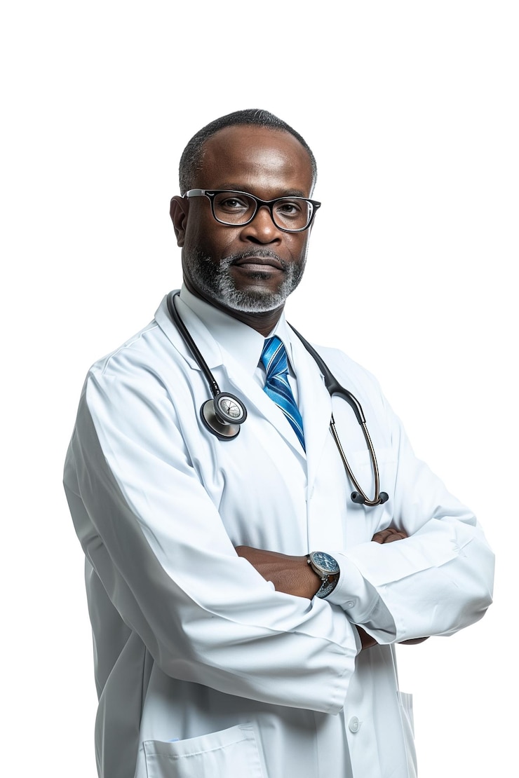 PSD portrait d'un médecin africain en uniforme blanc