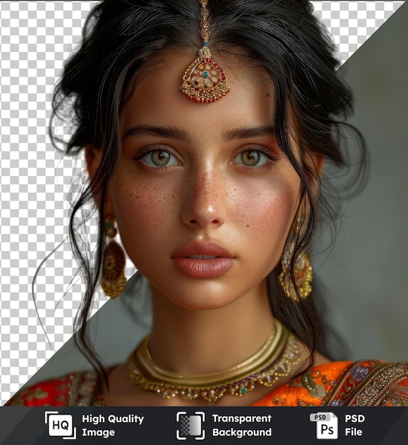 PSD portrait d'un modèle brunette indien avec des bijoux en or yeux bruns bleus nez petit et brun