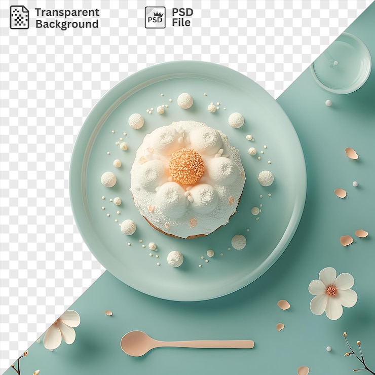 PSD portrait de nourriture basbousa servie sur une assiette blanche avec une cuillère en bois entourée de fleurs blanches et une petite fleur blanche sur une table bleue
