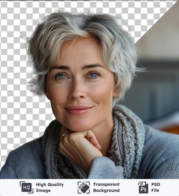 PSD portrait d'objet transparent en gros plan d'une femme caucasienne mature aux cheveux gris courts regardant directement à la caméra et souriant avec son menton reposant sur sa main