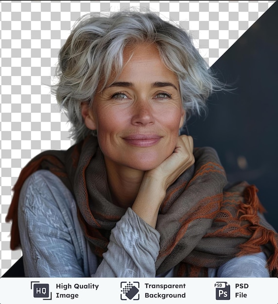 PSD portrait d'objet transparent en gros plan d'une femme caucasienne mature aux cheveux gris courts regardant directement à la caméra et souriant avec son menton reposant sur sa main