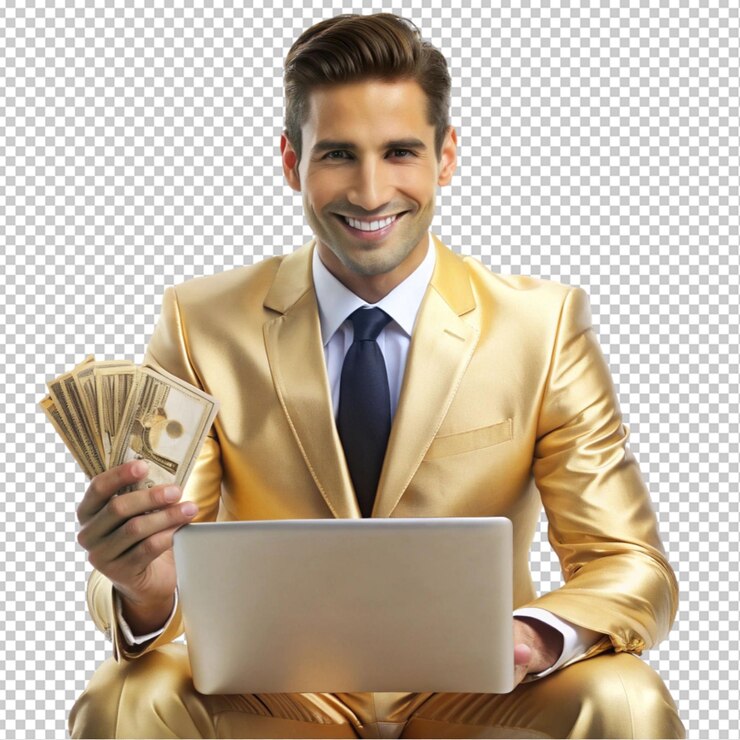 PSD portrait of a man in a gold suit holding laptop transparent background