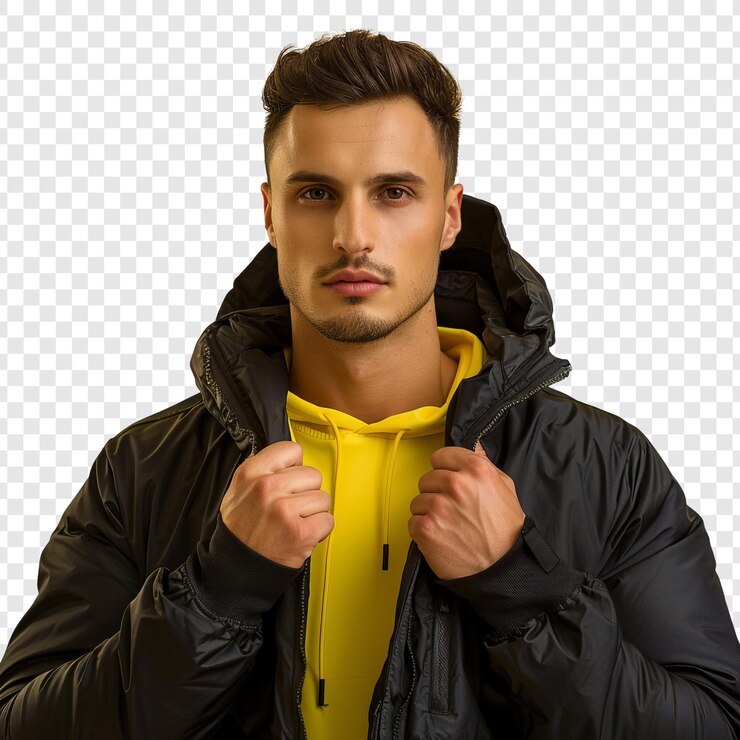 PSD portrait of a man wearing a black jacket and a yellow hoodie