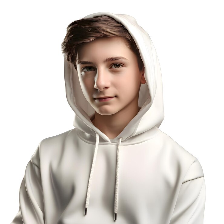 PSD portrait of a teenager in a white hoodie on a white background