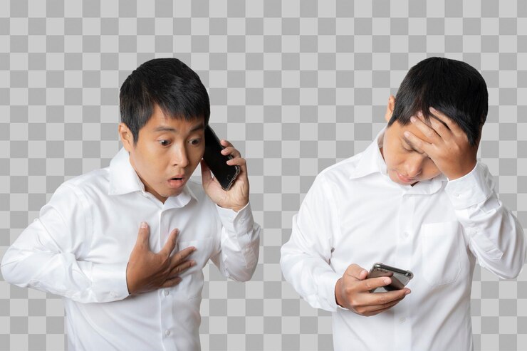 PSD portrait of businessman using smartphone human emotion face expression