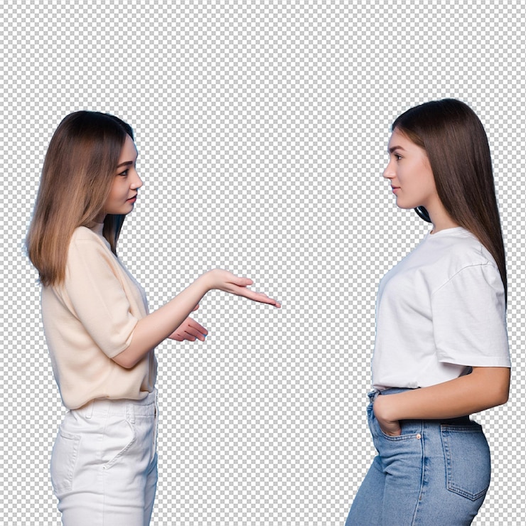PSD portrait of girls talking spending time isolated on blue wall