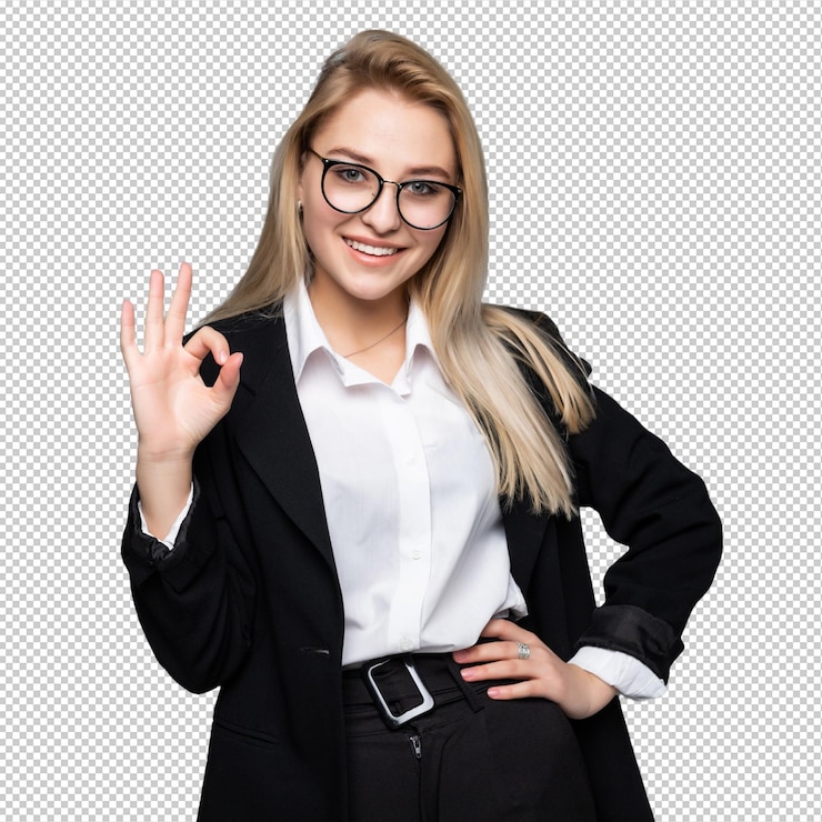 PSD portrait of happy smiling young cheerful businesswoman showing okay sign isolated