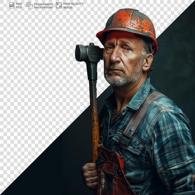 PSD portrait of manual worker holding axe while standing against white background