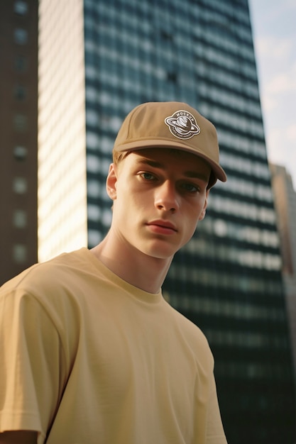 PSD portrait d'une personne portant une casquette avec maquette de logo