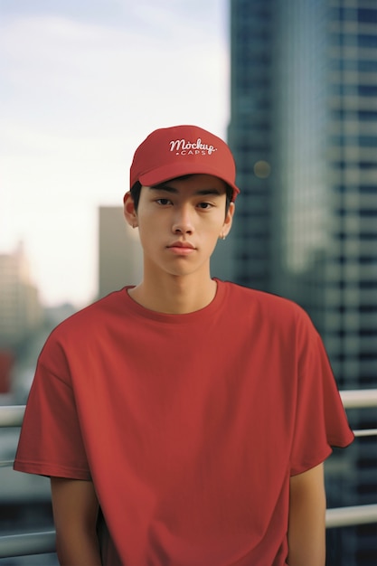 PSD portrait d'une personne portant une casquette avec maquette de logo