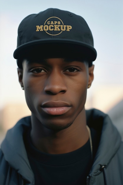 PSD portrait d'une personne portant une casquette avec maquette de logo