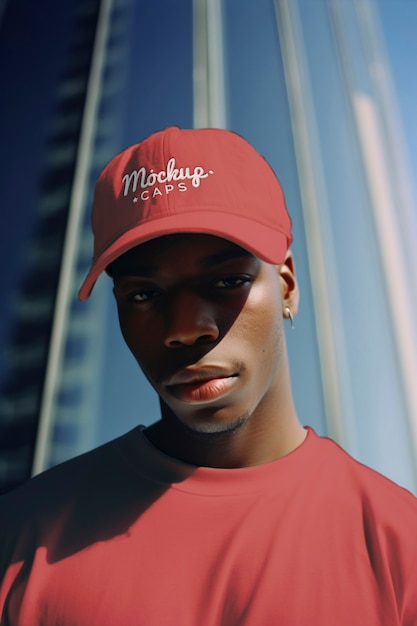 PSD portrait d'une personne portant une casquette avec maquette de logo