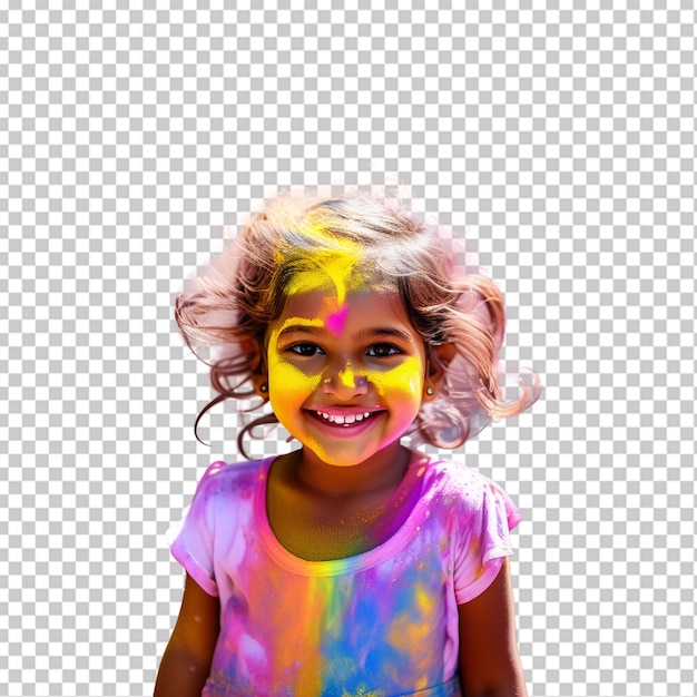 PSD portrait d'une petite fille mignonne en train de prendre une douche de poudres colorées pendant holi