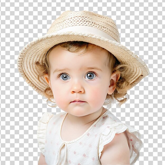 PSD portrait d'une petite fille portant un chapeau de paille isolé sur un fond transparent