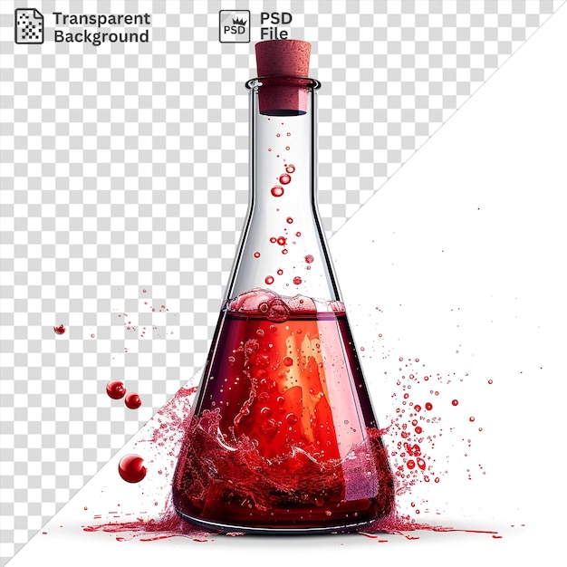 PSD portrait photographique réaliste de chimistes réactions chimiques capturées dans une bouteille de verre avec un bouchon rouge