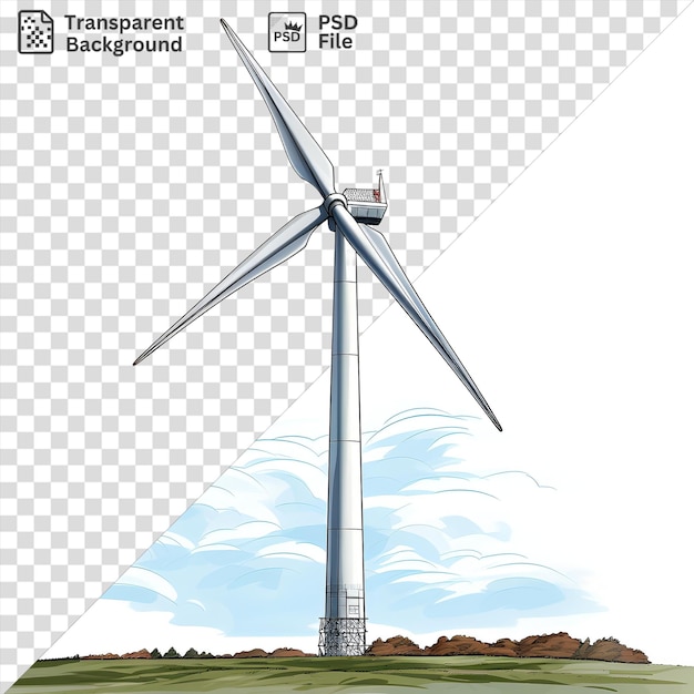 PSD portrait photographique réaliste des techniciens d'éoliennes outils exposés sur un fond de ciel blanc et bleu avec une tour métallique au premier plan