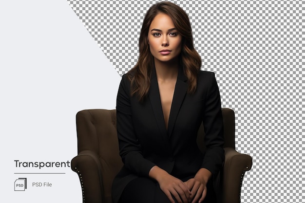 PSD portrait png isolé d'une femme d'affaires en costume noir assis sur un canapé