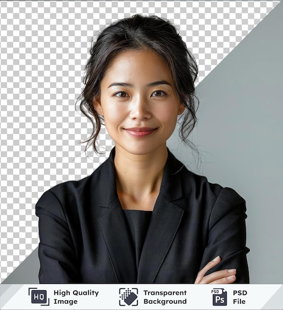 PSD portrait premium de haute qualité d'une femme d'affaires asiatique souriante debout avec les bras croisés et regardant la caméra portant une chemise blanche et des cheveux bruns avec une main visible à l'avant