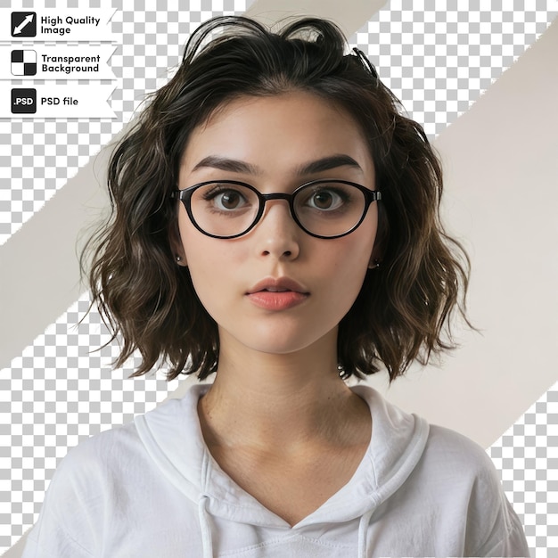 Portrait Psd D'une Femme Avec Des Lunettes Sur Un Fond Transparent Avec Une Couche De Masque Modifiable