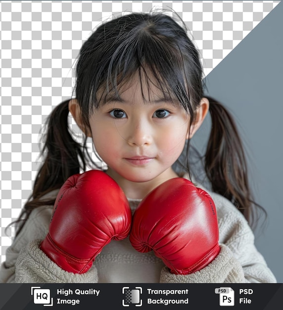 PSD portrait psd transparent de haute qualité d'une fille asiatique souriante avec des cheveux noirs, des gants de boxe rouges, regardant la caméra alors qu'elle se tient dans la pièce sous la lumière avec une petite oreille brune et un œil bleu.