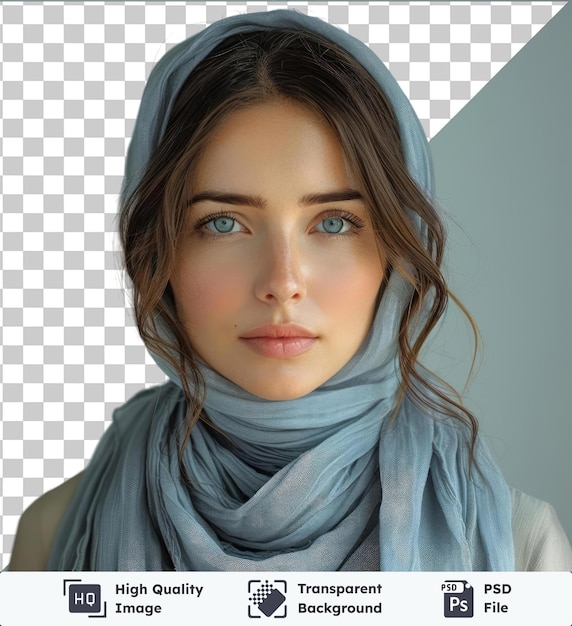 PSD portrait psd transparent de haute qualité d'une jeune femme de style décontracté isolée sur un mur blanc avec ses yeux bleus frappants nez petit et sourcils bruns elle porte un foulard bleu et gris