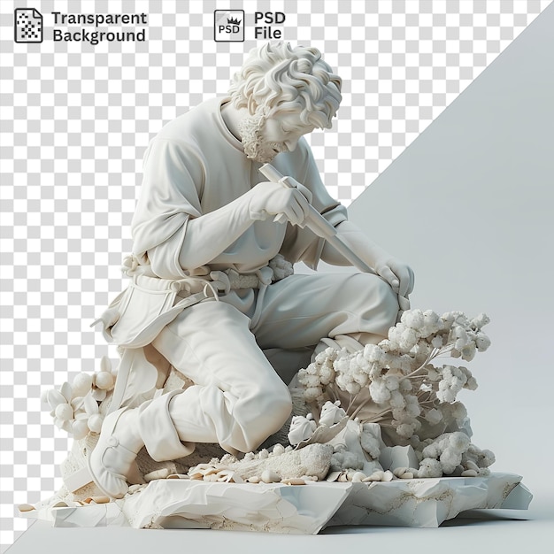PSD portrait de sculpteur 3d sculptant une statue en marbre d'une personne aux cheveux gris et blancs et à une jambe blanche