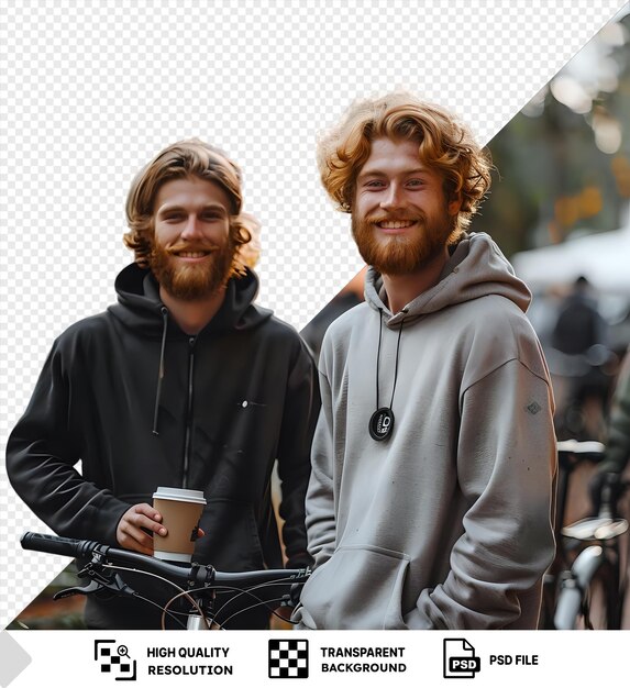 PSD portrait souriant jeune cycliste aux cheveux roux avec un vélo debout devant son ami avec une tasse de café en papier dans un parc png