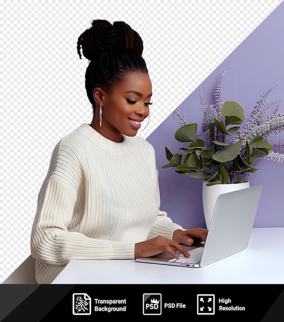 PSD portrait souriant satisfait concentré employée afro-américaine tapant sur son ordinateur portable dans le lieu de travail introverti png