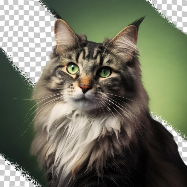 PSD portrait en studio d'un chat de forêt norvégien aux yeux verts sur un fond transparent