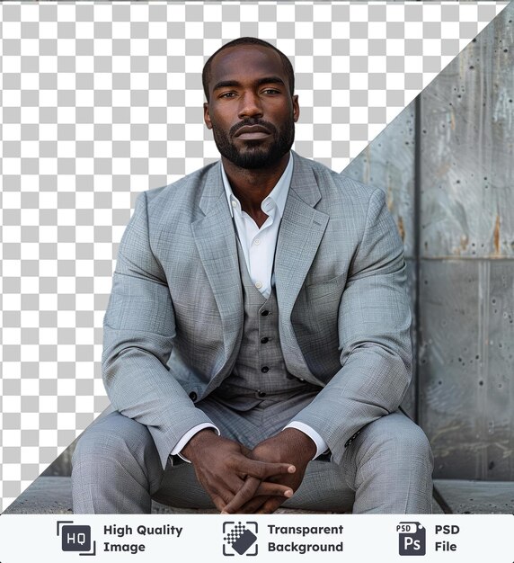 Portrait Transparent D'un élégant Et Beau Homme D'affaires Noir Portant Un Costume Gris Dans Un Mur De Béton De La Ville Avec Ses Mains Visibles Au Premier Plan