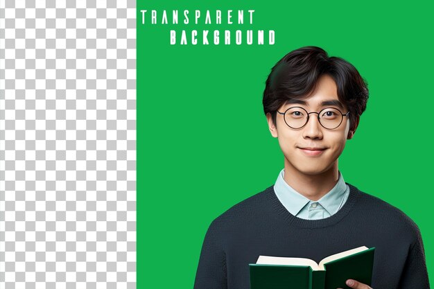 PSD portrait transparent d'un étudiant asiatique tenant un livre sur un fond vert