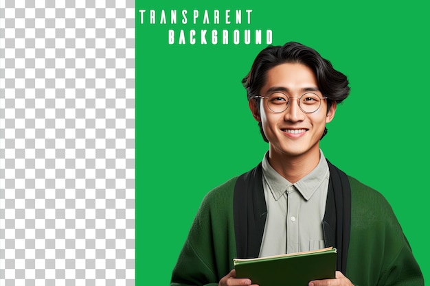 PSD portrait transparent d'un étudiant asiatique tenant un livre sur un fond vert