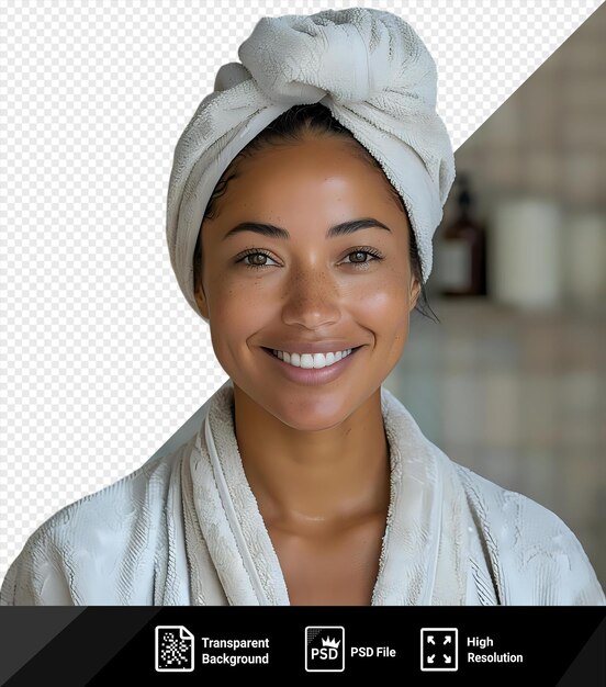 PSD portrait transparent d'une femme de race mixte souriante portant un peignoir et une serviette sur la tête debout dans la salle de bain avec des yeux bruns nez et sourcils et une serviète blanche visible en arrière-plan png psd