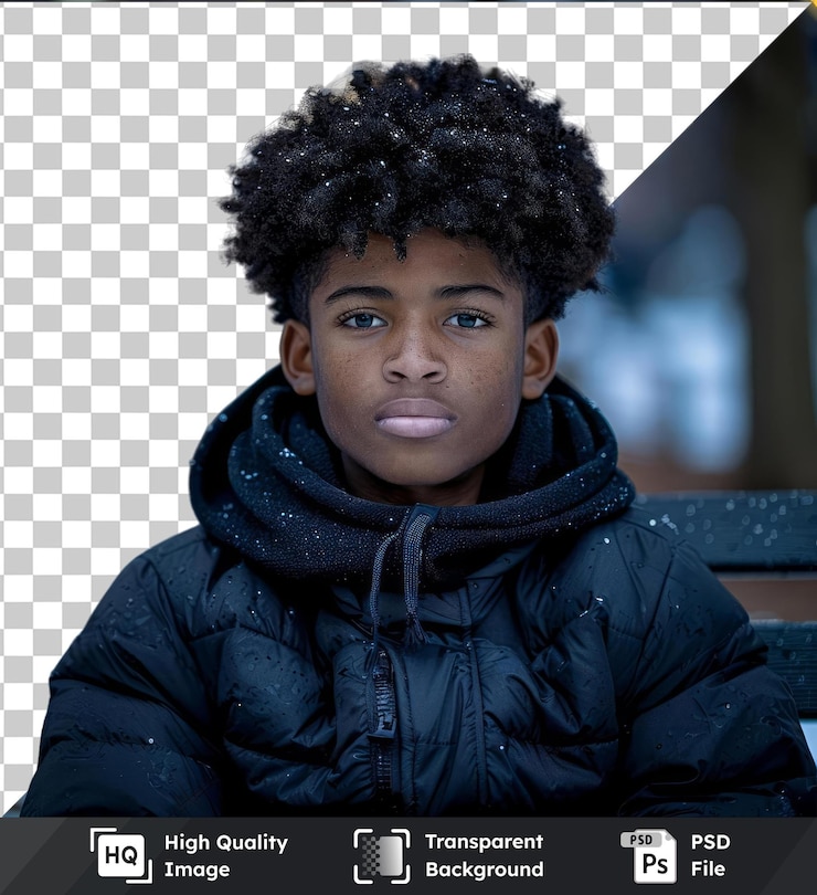 PSD portrait transparent d'un garçon afro-américain assis sur un banc dans un espace urbain portant une veste noire et bleue avec une fermeture éclair argentée il a les cheveux noirs un visage souriant et bleu